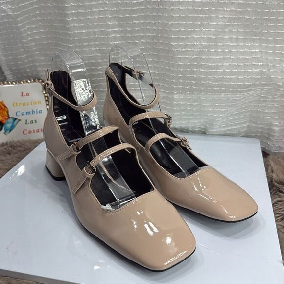 (A2) Zara Beige/Tan Multi Strap Square Toe Patent Leather Mary Jane Shoes,US40/9 - Picture 2 of 13
